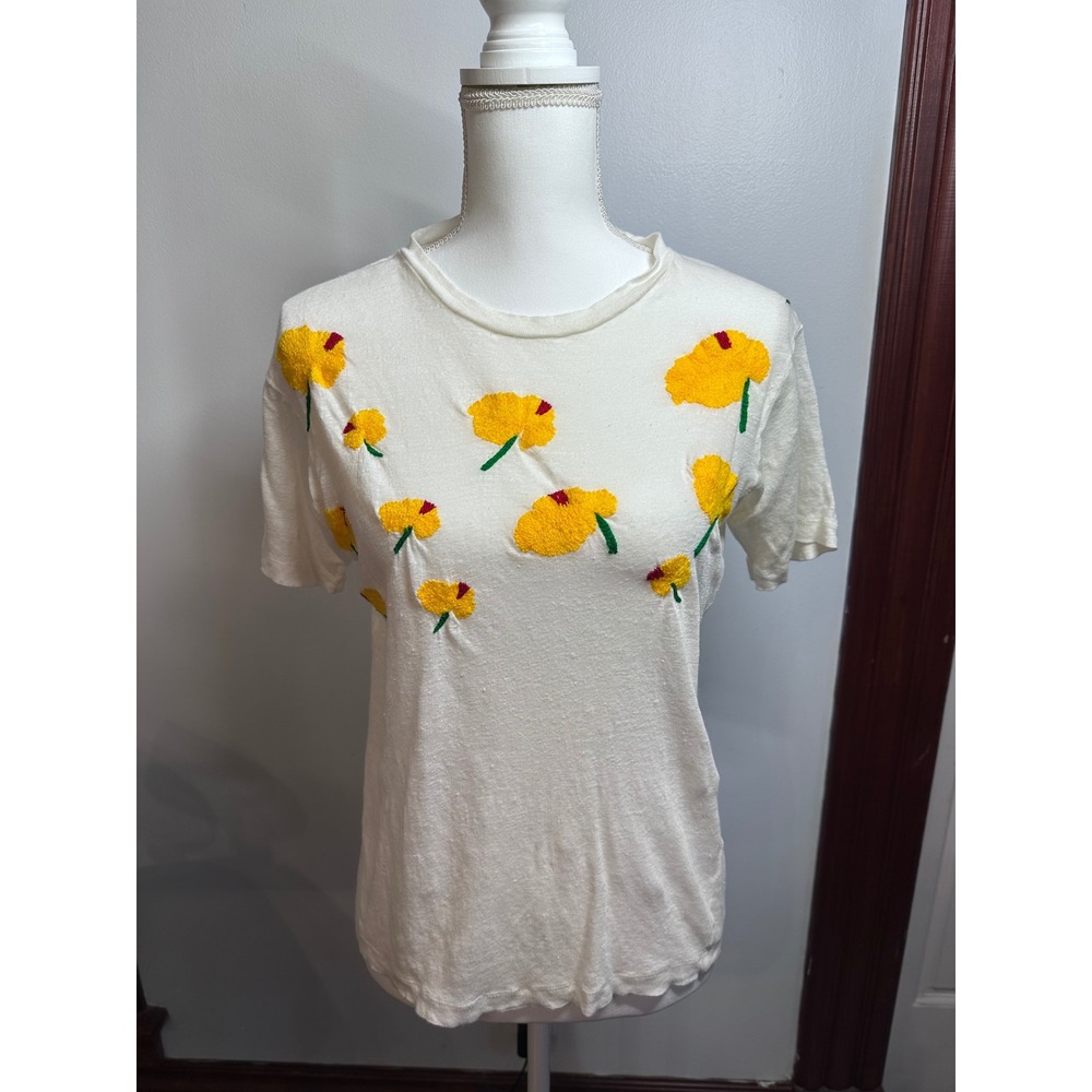 Banner Day Womens 100% Linen White Short Sleeve Yellow Floral Embroidered Tee 1